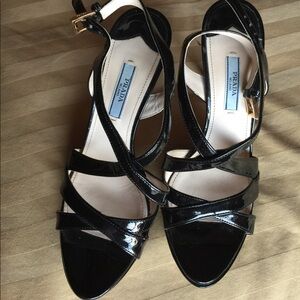 Prada Black Patent Leather Strappy Sandals with Gold Buckle Accent